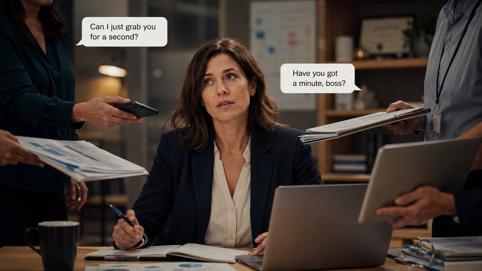 A woman leader sat at her desk looking overwhelmed. It is suggested that her team members are around her asking questions for her time like "can I have a minute boss?"