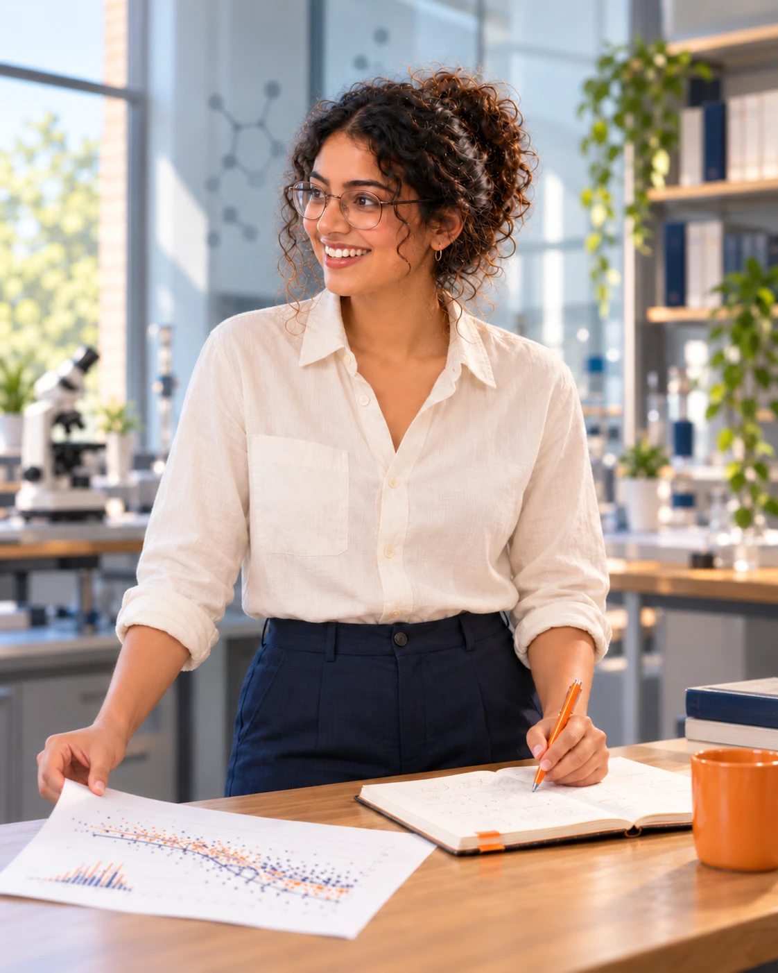 A smiling researcher in a bright laboratory, at a desk with a notebook, an orange pen and a printed chart